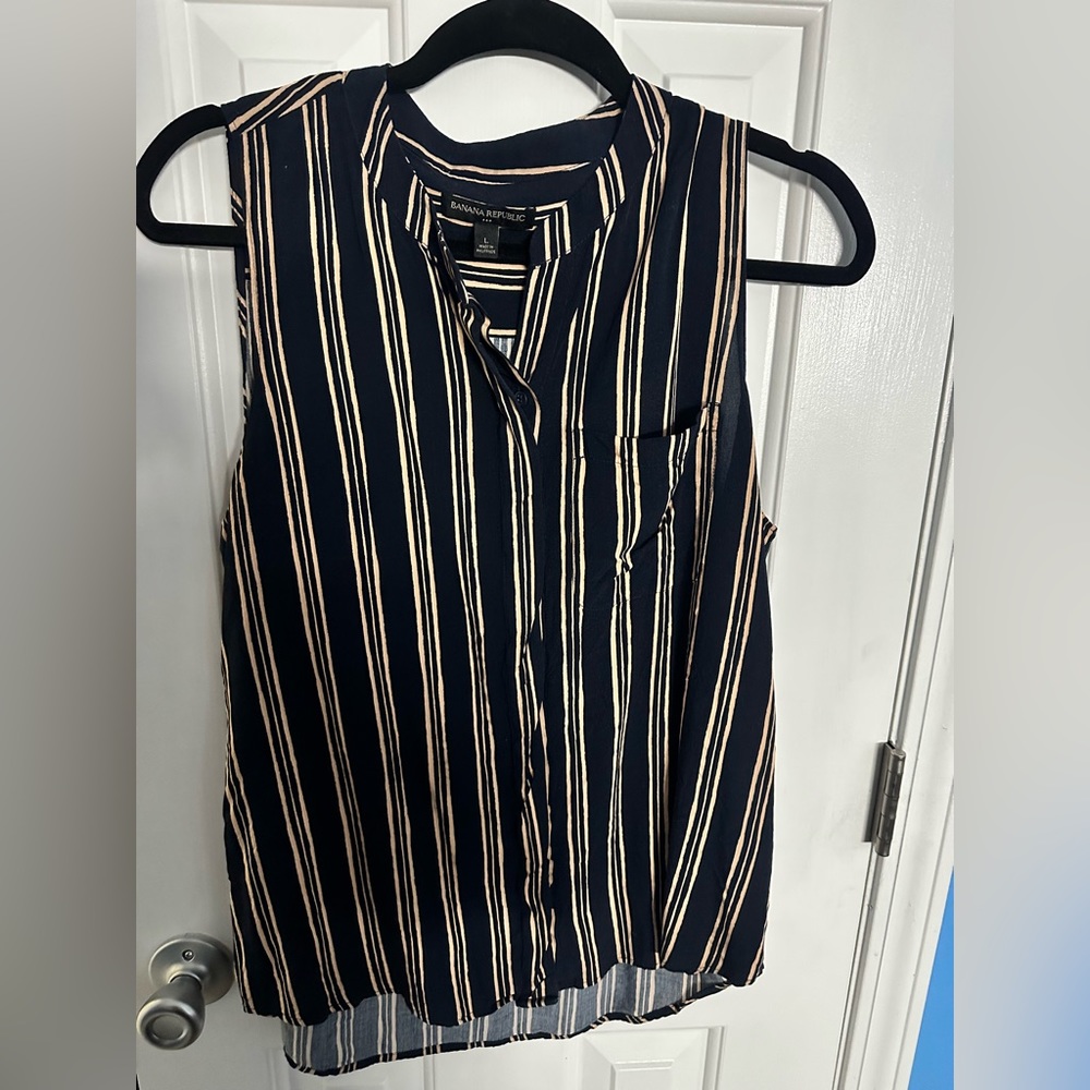 Blue with tan stripes blouse button down and collar